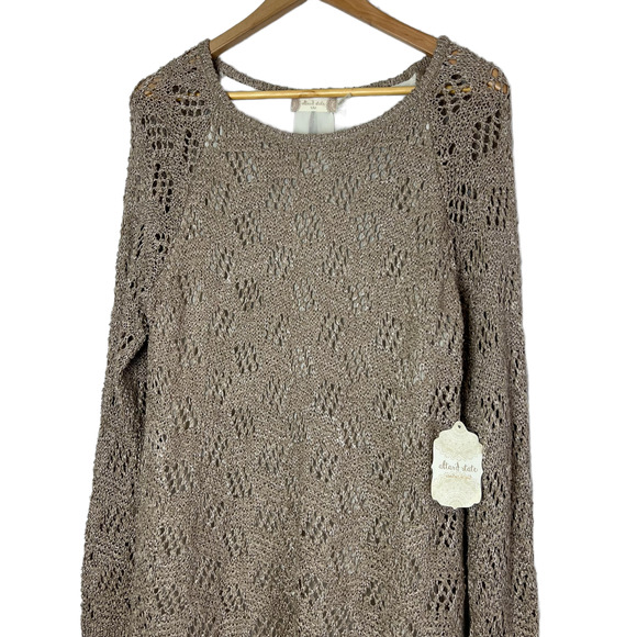 Altar'd State Size S/M Pointelle Knit Tunic Top Lace Trim Long Sleeve Taupe NWT - Picture 3 of 13
